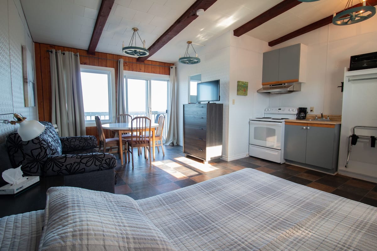 A compact room with a bed, a dining table with chairs, a kitchenette, and a TV.