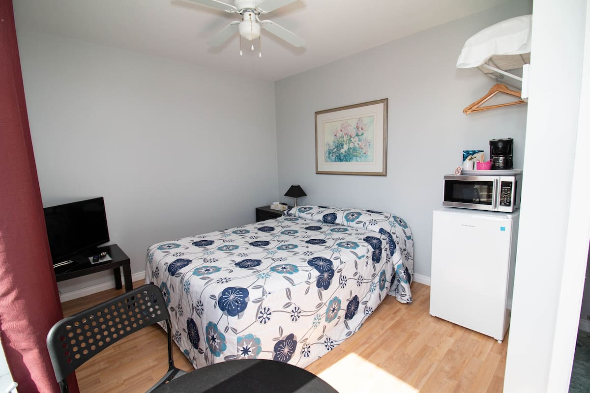 A bedroom with a bed, a desk, a chair, a television, a ceiling fan, a microwave, and a framed picture on the wall.