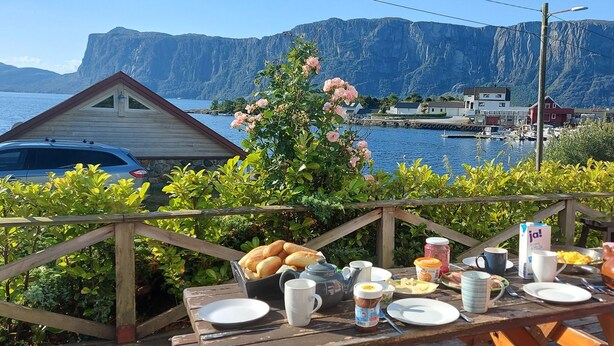 A picnic table with food and drinks, overlooking a lake with houses and cliffs in the background. - Cozy vacation apartment directly on the fjord (Sørbøvågen)