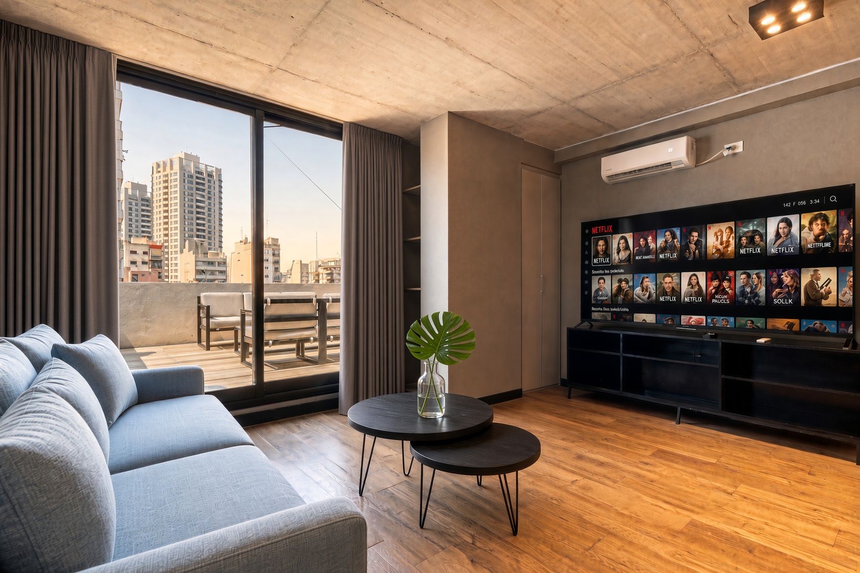 Una sala de estar moderna con un sofá, una mesa de centro y un televisor mostrando contenido de Netflix.