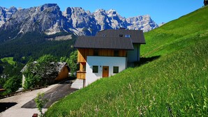 Une petite maison avec un toit en pente, entourée d’une colline verdoyante et dominée, au loin, par une chaîne de montagnes.