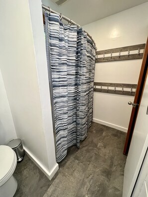 A bathroom with a striped shower curtain, a toilet, and a wooden door. - Lakefront, SUPs+kayaks, sunset views & fireplace! Wineries & brewery nearby! ! (King Ferry)
