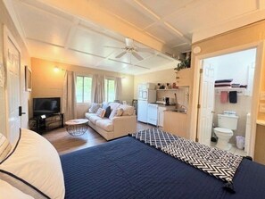 A bedroom with a bed, a sofa, a TV, a ceiling fan, a kitchen area, and a bathroom. - Edgewater Resort (Hot Springs)