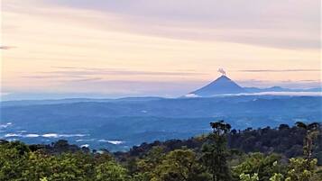Un paysage de montagne avec un sommet imposant, entouré d’une forêt dense et offrant une vue sur l’océan.