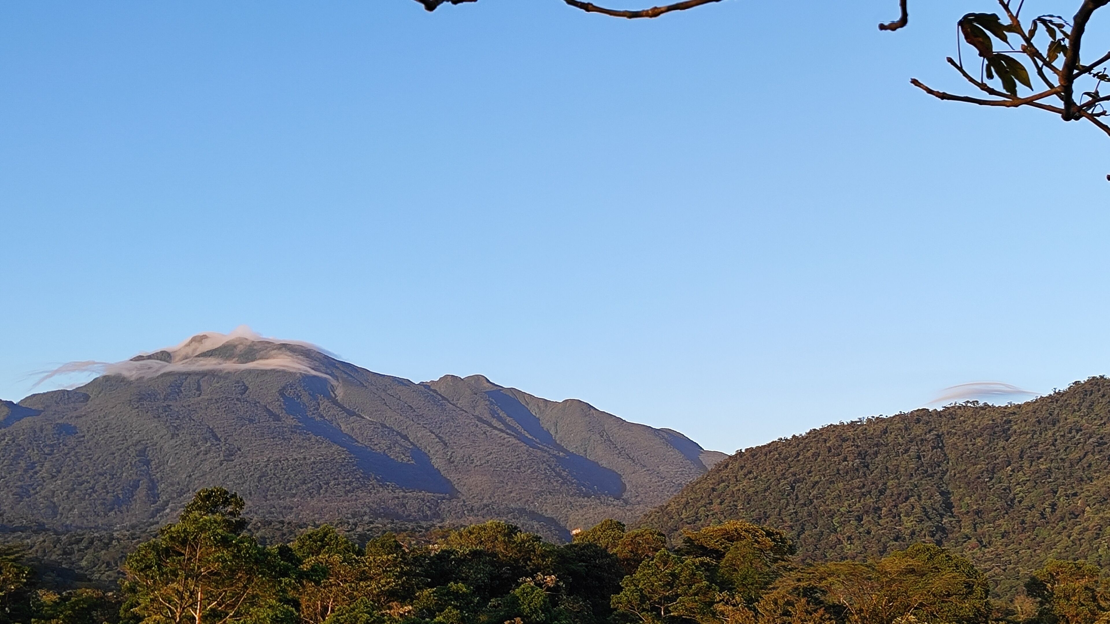 A mountain with a lake at its base, surrounded by dense forest.