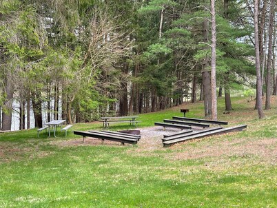 Lakeside view at Camp Golden Pond and affordable lodging for Penn State Events. 