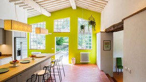 A bright kitchen with a long countertop, bar stools, and a hanging plant.