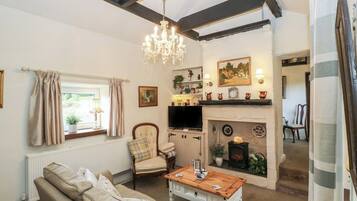 A cozy living room with a sofa, a coffee table, a fireplace, and a television.