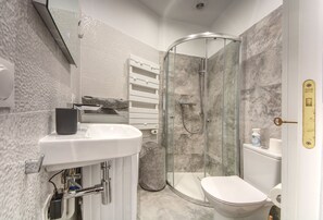 Douche, séchoir à cheveux, serviettes fournies