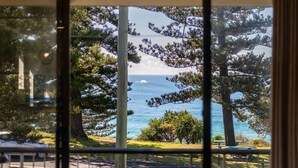 A view through a window with a clear sky, trees, and a body of water.