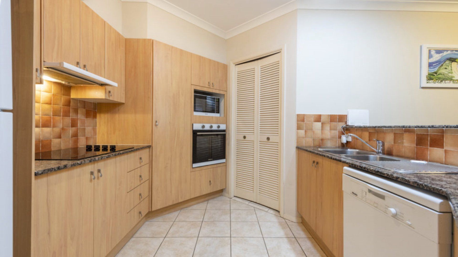 A compact kitchen with wooden cabinets, a built-in oven, a microwave, and a dishwasher.