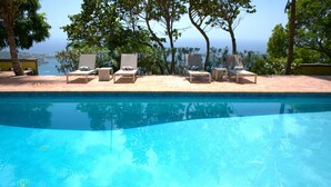 A swimming pool with lounge chairs and a view of the ocean. - 5 Ensuite Bedrooms with Saltwater Pool and Stunning Views on Lush Tropical Grounds (St. Thomas)