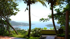 A patio with a view of a coastal landscape, including a body of water and distant land. - 5 Ensuite Bedrooms with Saltwater Pool and Stunning Views on Lush Tropical Grounds (St. Thomas)