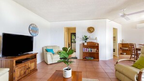Uma sala de estar com televisão, sofá, estante de livros e um vaso de planta.