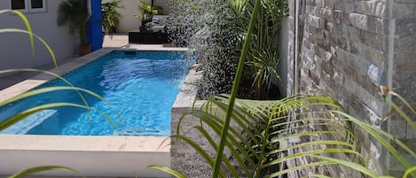 A swimming pool with a showerhead above it, surrounded by plants and a stone wall.