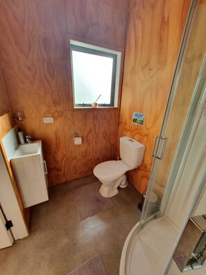 Duschwanne, Haartrockner, Handtücher, Seife