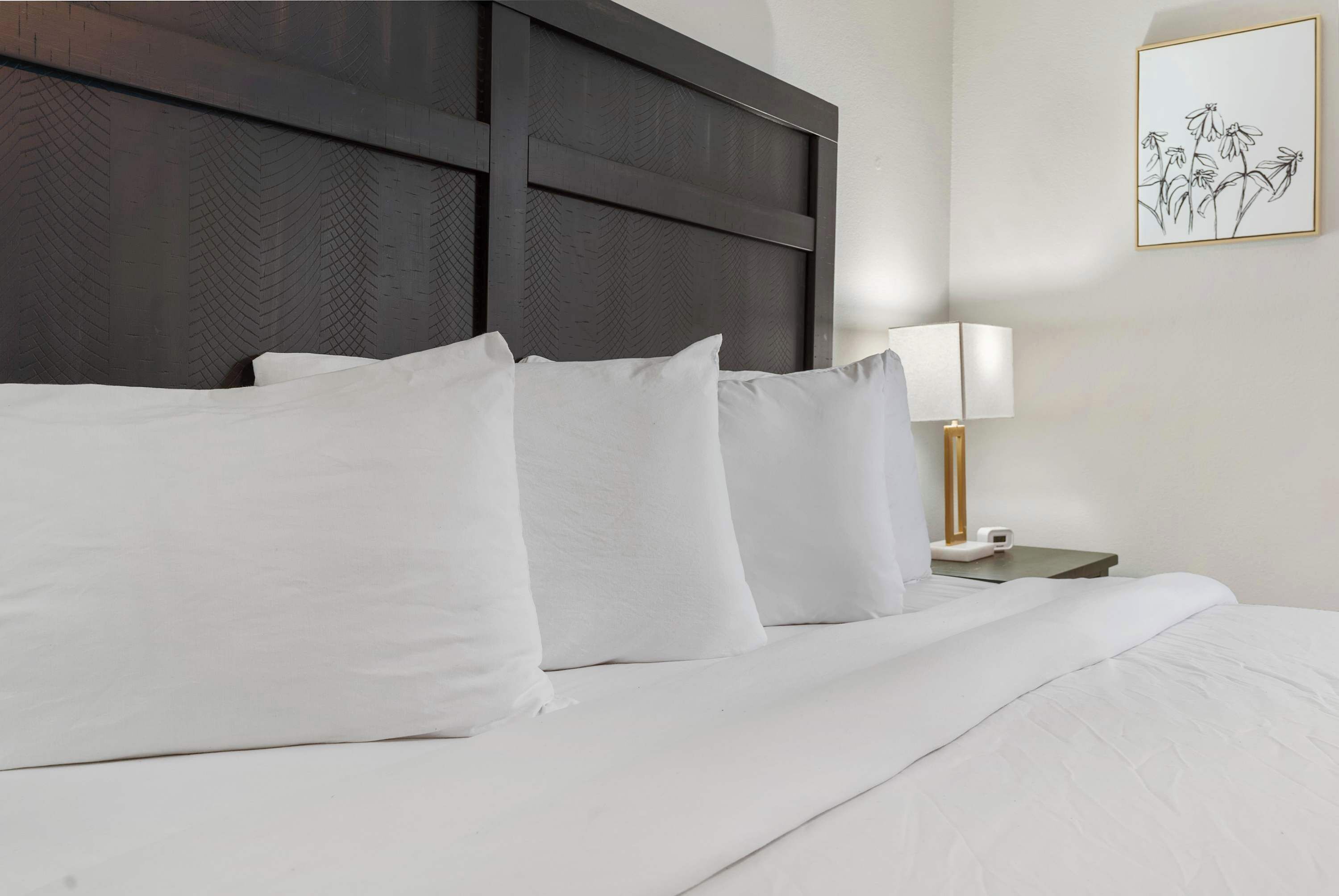 A neatly made bed with white linens and pillows, a dark headboard, and a bedside table with a lamp.