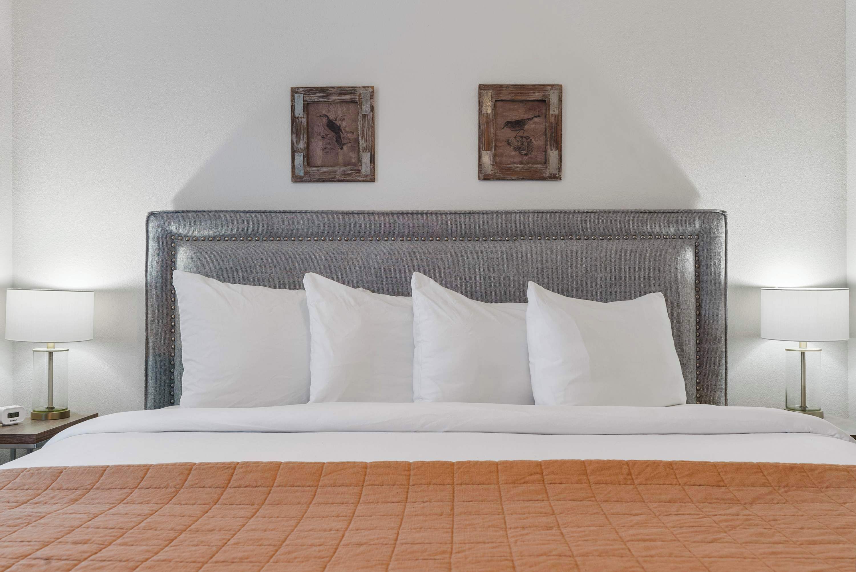 A hotel room with a large bed, two wall-mounted lamps, and two framed pictures on the wall.