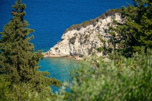 A coastal landscape with rocky cliffs and clear blue sea. - Antigoni Villa Ena in Longos (Paxos)