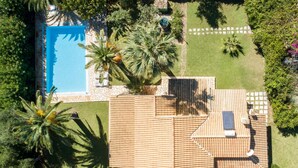 Luchtbeeld van een huis met een zwembad, omringd door weelderige begroeiing en palmbomen.