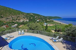 Ein Swimmingpool mit zwei Delfinen, umgeben von einem weißen Zaun, mit Blick auf einen Strand und Hügel.