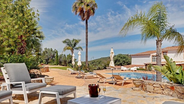 Ein Poolbereich mit Liegestühlen, einem Tisch mit Getränken und Blick auf einen Pool sowie umliegendes Grün.