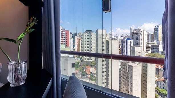 A city view from a window with a railing, a potted plant, and a clear sky. - Br156166 Sirio Libanes (São Paulo)