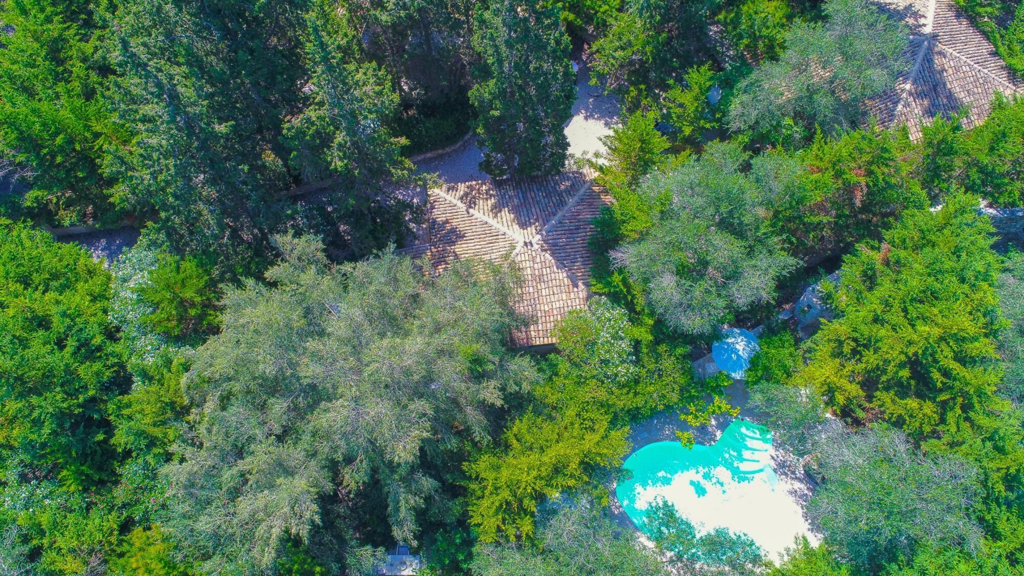 Eine Vogelperspektive zeigt ein Resort mit Schwimmbad, umgeben von üppiger Vegetation und einem gepflasterten Weg.
