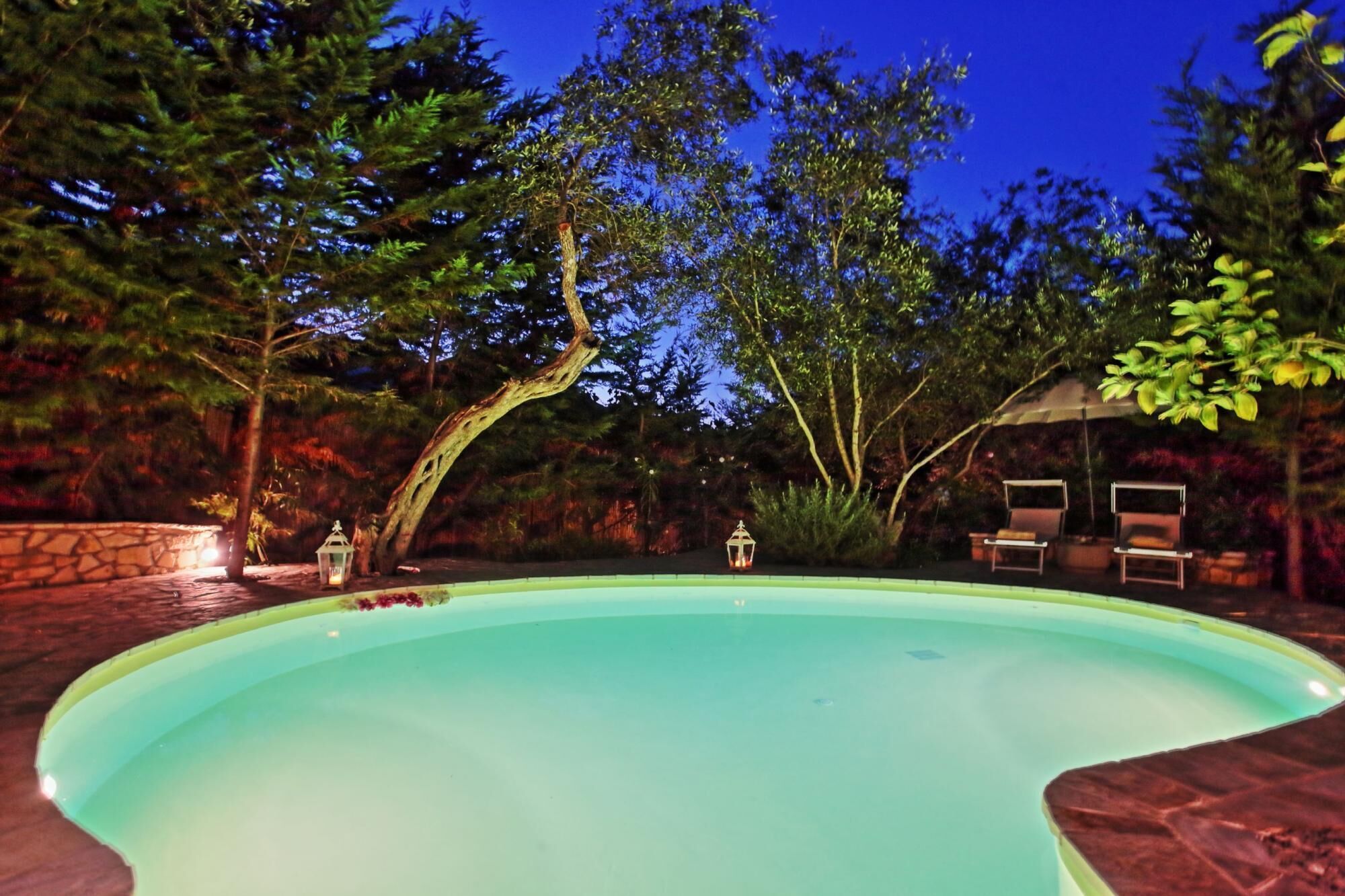 A swimming pool surrounded by trees and outdoor furniture.