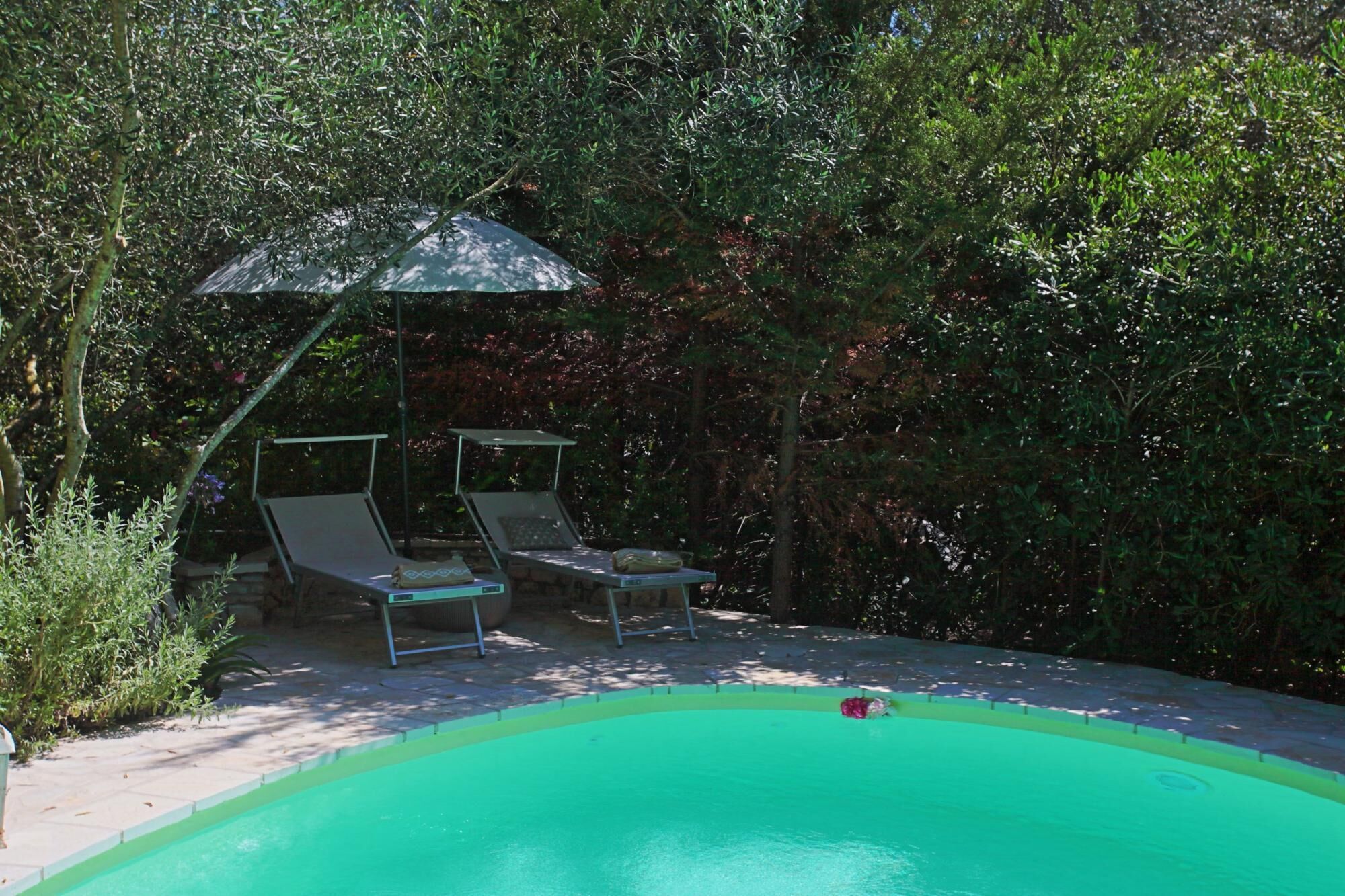 A swimming pool with two lounge chairs and a shaded umbrella.