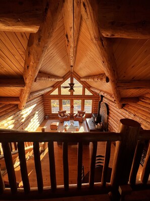 A log cabin interior with a central seating area, a fireplace, and a view through the large windows. - Spacious cabin accessing all of Colorado's outdoor adventure (Hotchkiss)