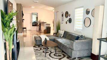 Smart TV, fireplace, books, stereo