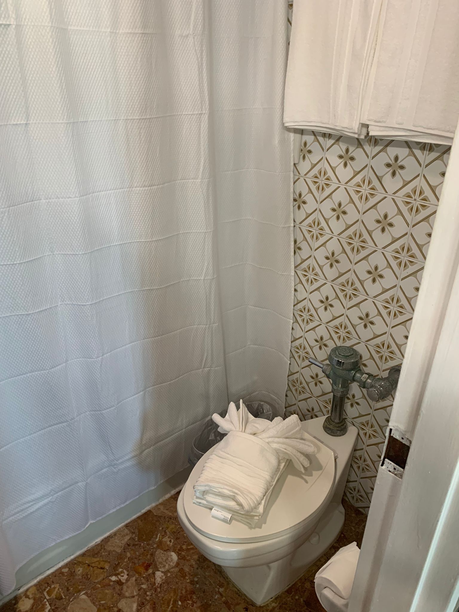 Ein Badezimmer mit Toilette, Duschvorhang und einer Wand mit gemusterten Fliesen.