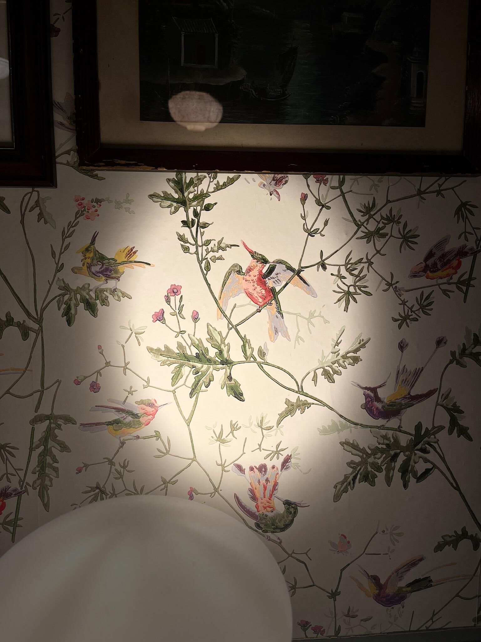 Une salle de bain avec un papier peint à motifs floraux et un tableau encadré au-dessus des toilettes.