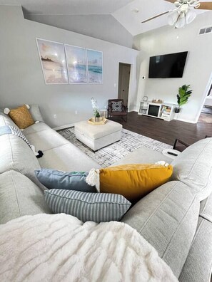 Smart TV, fireplace, video games, table football