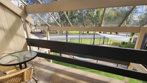 A balcony with a glass table and wicker chair, overlooking a park with a road and trees. - Barham Bridge Motor Inn (Barham)