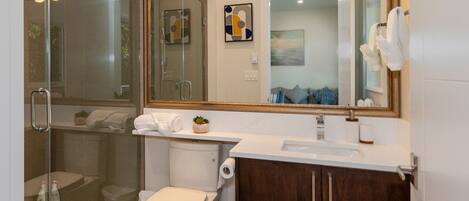 A modern bathroom with a glass shower enclosure, a white toilet, a vanity with a mirror, and a sink.