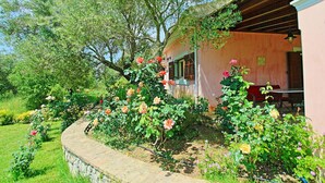 Een tuin met een stenen muur, bloeiende planten en een gebouw met een houten pergola.