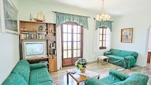 A living room with green patterned sofas, a wooden bookshelf, a television, and a chandelier. - Villa Alexandros in Nisaki (Corfu)