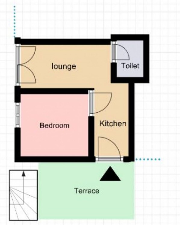 A floor plan with a lounge, bedroom, kitchen, and toilet.