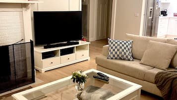 Flat-screen TV, fireplace, DVD player