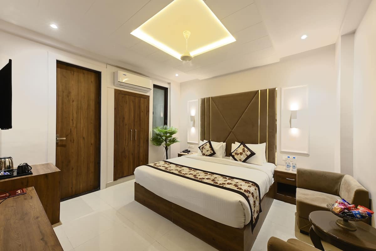 A modern hotel room with a large bed, a bedside table, a chair, a small table, a plant, and a ceiling light fixture.