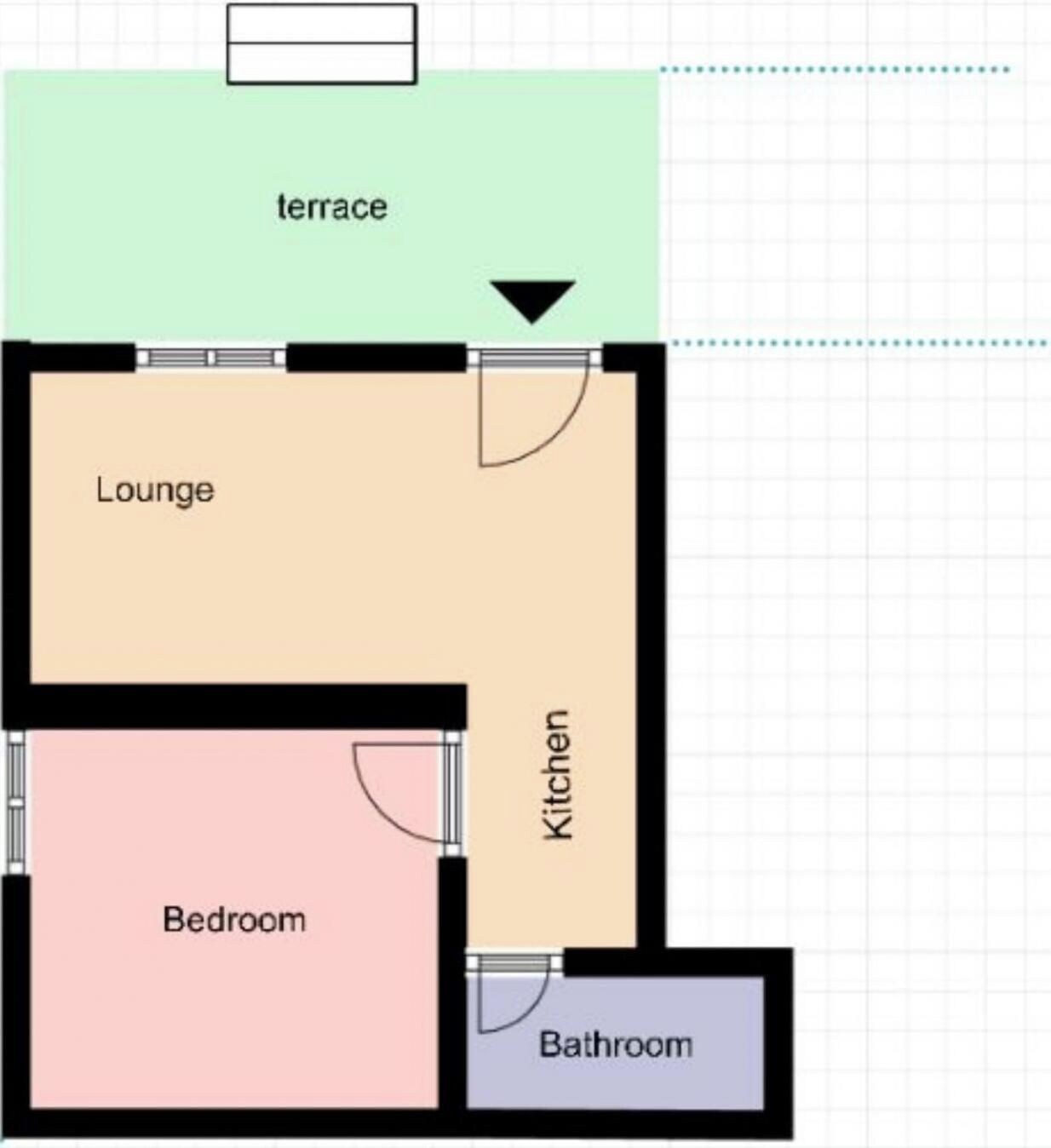 A floor plan with a terrace, lounge, bedroom, kitchen, and bathroom.