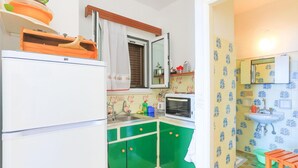 A compact kitchen with a refrigerator, a microwave, and a sink. There is a window with a curtain, and the walls have a floral tile pattern. - Faros Tessera in Gaios (Paxos)