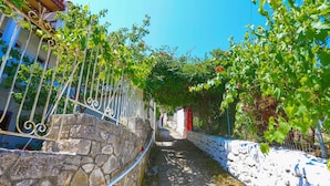 A narrow stone pathway flanked by stone walls and metal fences, leading to a building with a red door. - Faros Octo in Gaios With 1 Bedrooms and 1 Bathrooms (Paxos)