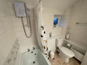 Combined shower/bathtub, hair dryer, towels, soap