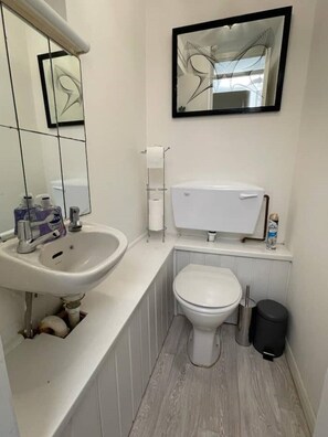 Combined shower/bathtub, hair dryer, towels, soap