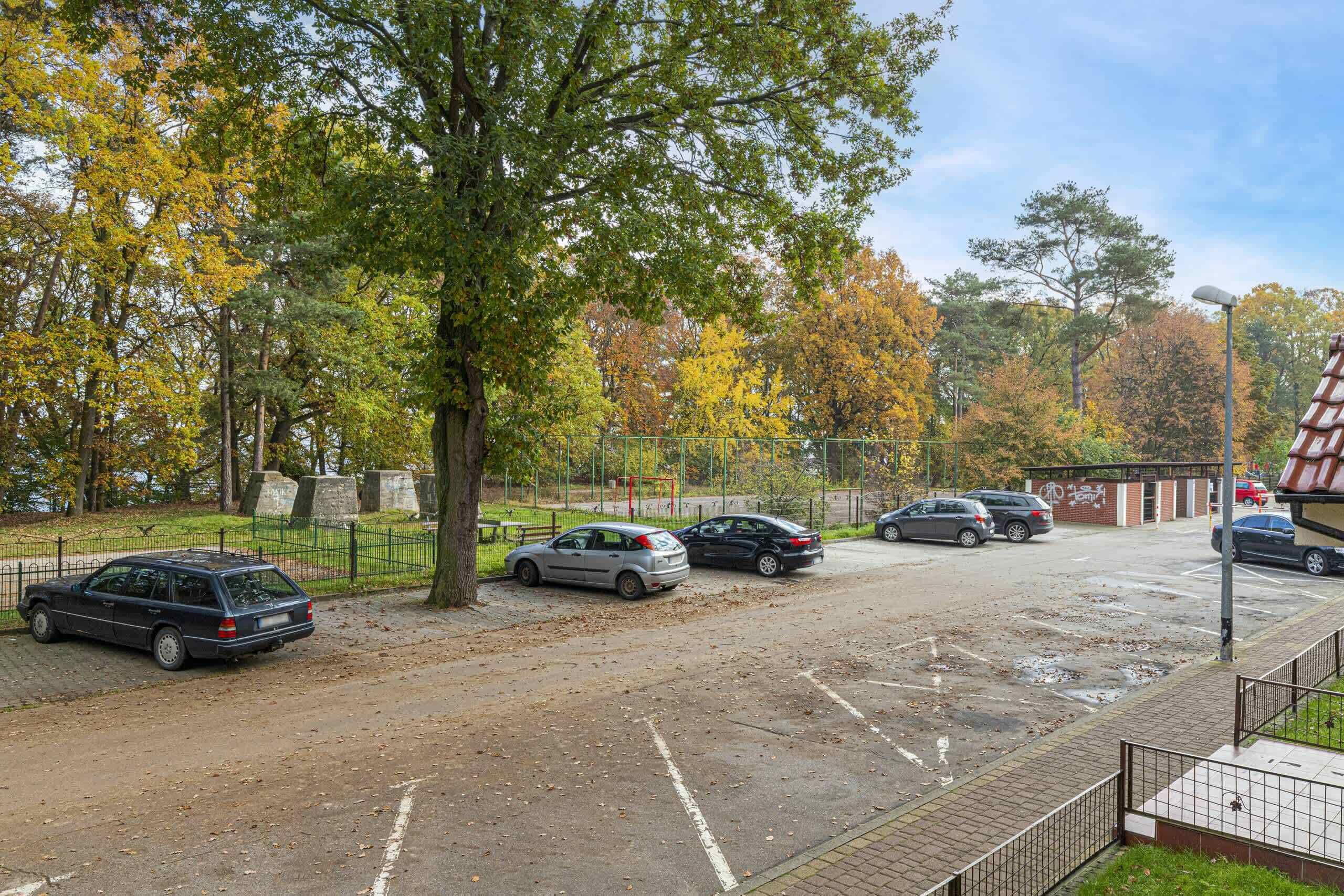 Ein Parkplatz mit mehreren Autos, einem gepflasterten Weg und Bäumen mit Herbstlaub.