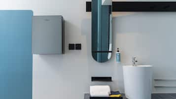 Shower, rainfall showerhead, hair dryer, towels