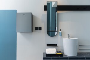 Shower, rainfall showerhead, hair dryer, towels